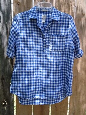 Chicos 100% Linen Gingham Shirt Blouse Blue White Checked Sz 1P Petite Small